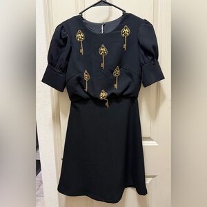 Black Dress with Gold Embroidery - Women's Elegant Key Motif Dress